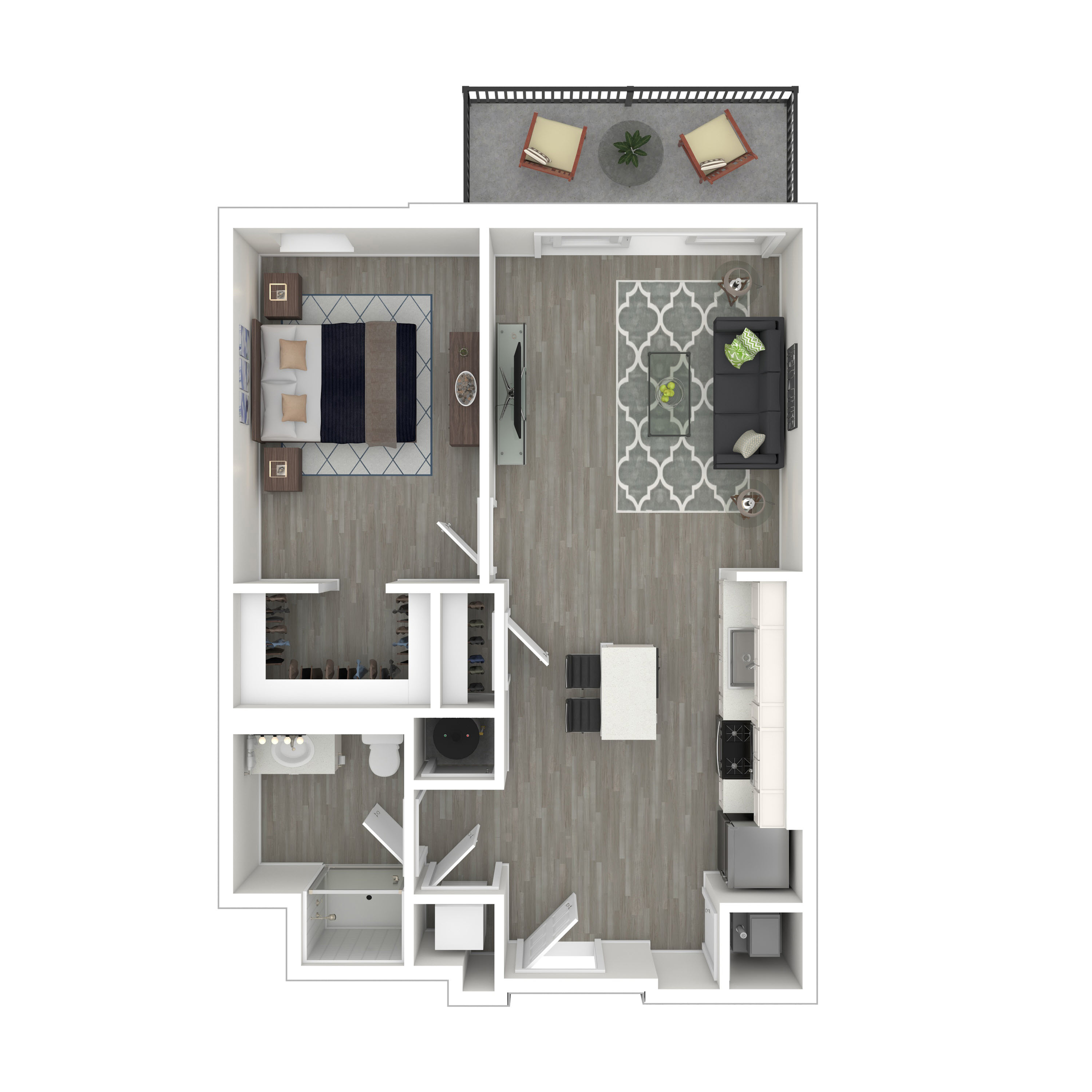 Floor plan for 1 bed, 1 bath, 742 sqft